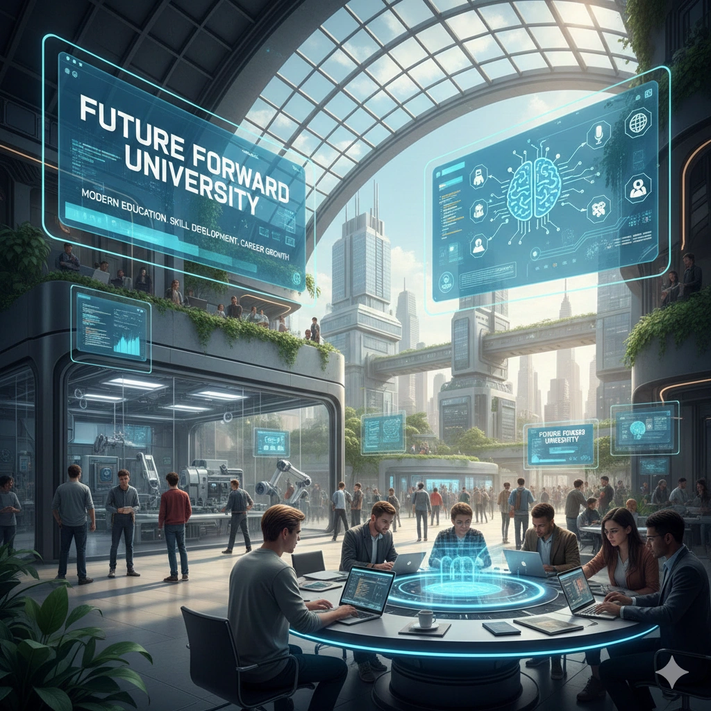 Students collaborating in a futuristic smart university campus using advanced technology, AI learning systems, and digital innovation tools.