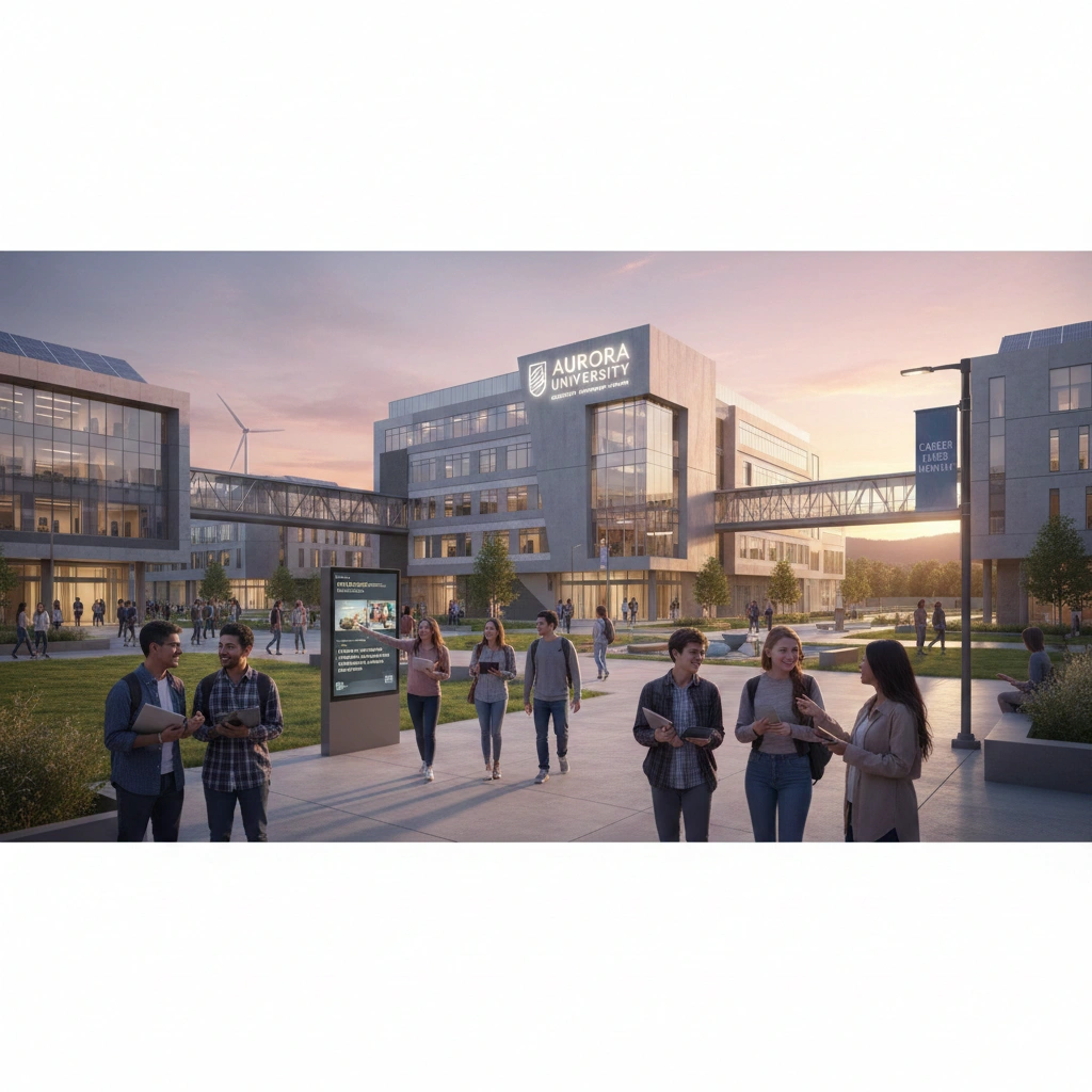 Students walking and interacting on a modern Aurora University campus focused on career-oriented education and sustainability.