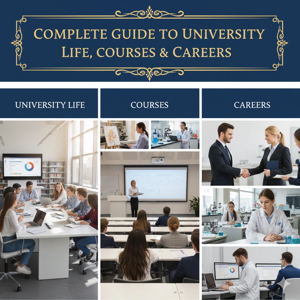 Complete guide to university life, academic courses, and career opportunities showing students studying, classroom lectures, laboratory work, and professional job interviews.