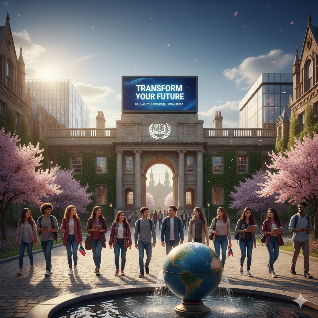 Diverse students walking together on a globally recognized university campus symbolizing international education and career success.