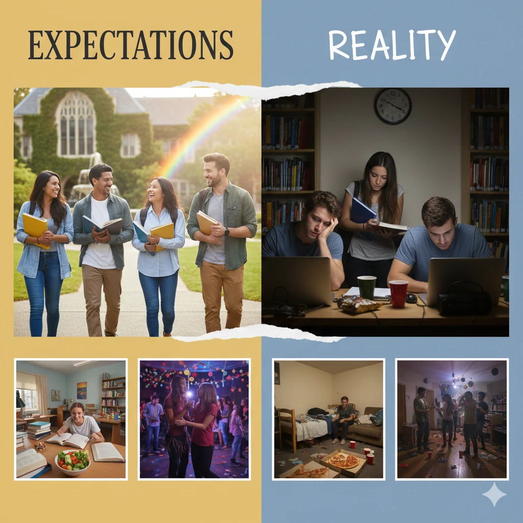 Split image showing “Expectations vs Reality” of college life, with happy students walking on campus on one side and stressed students studying late with laptops on the other, plus contrasting social scenes below.