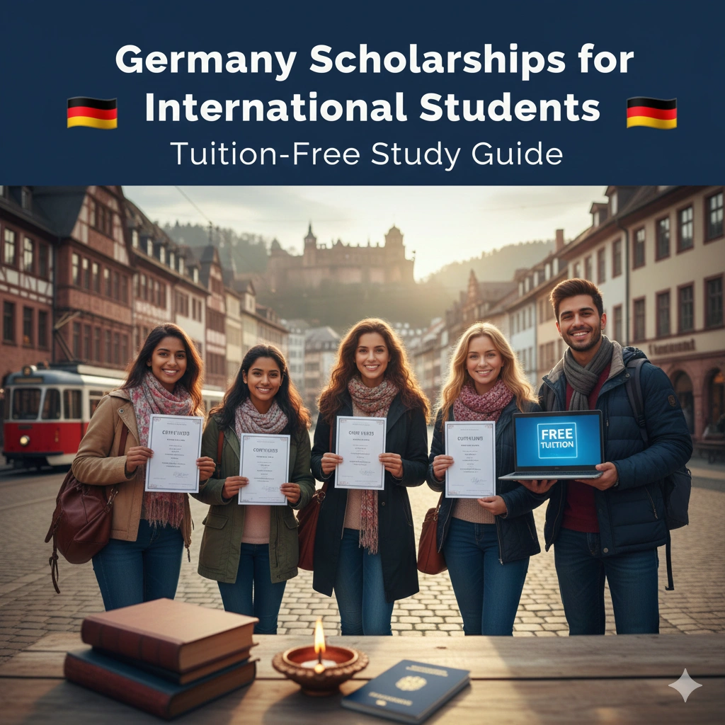 Group of international students holding certificates in a historic German city, promoting tuition-free education and scholarships in Germany for international students.
