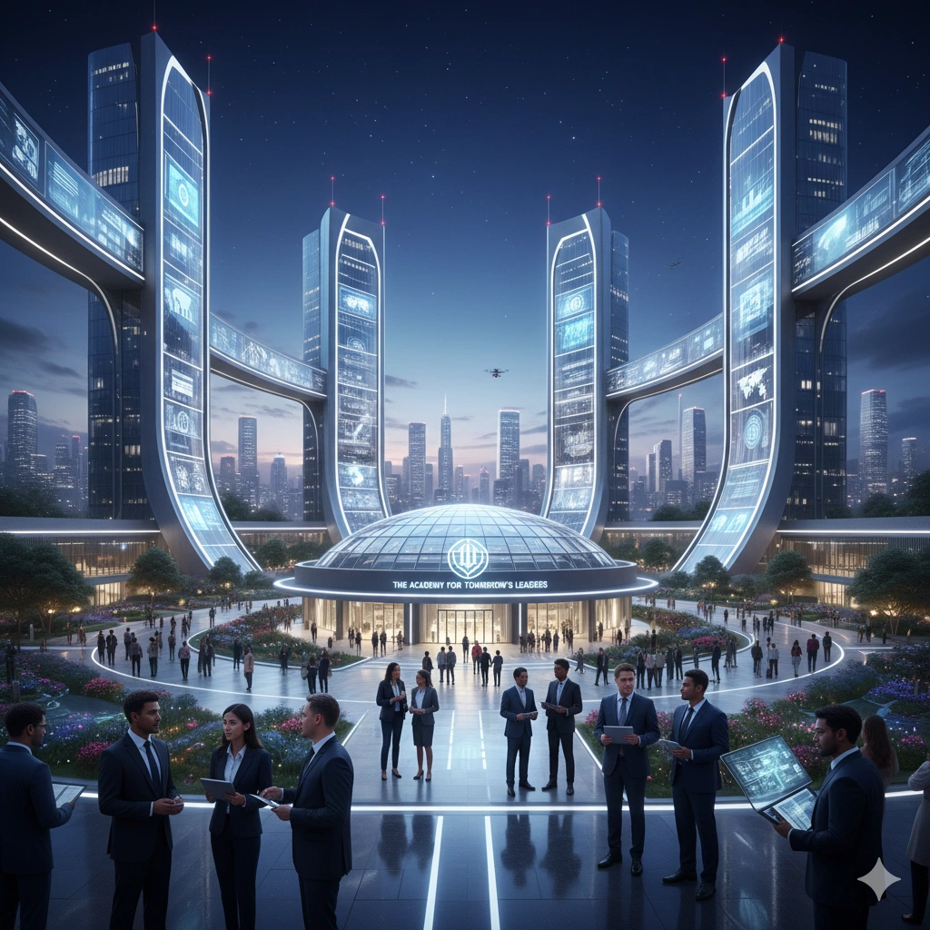 Futuristic academy campus with advanced digital architecture, global professionals networking, and smart technology displays at night.