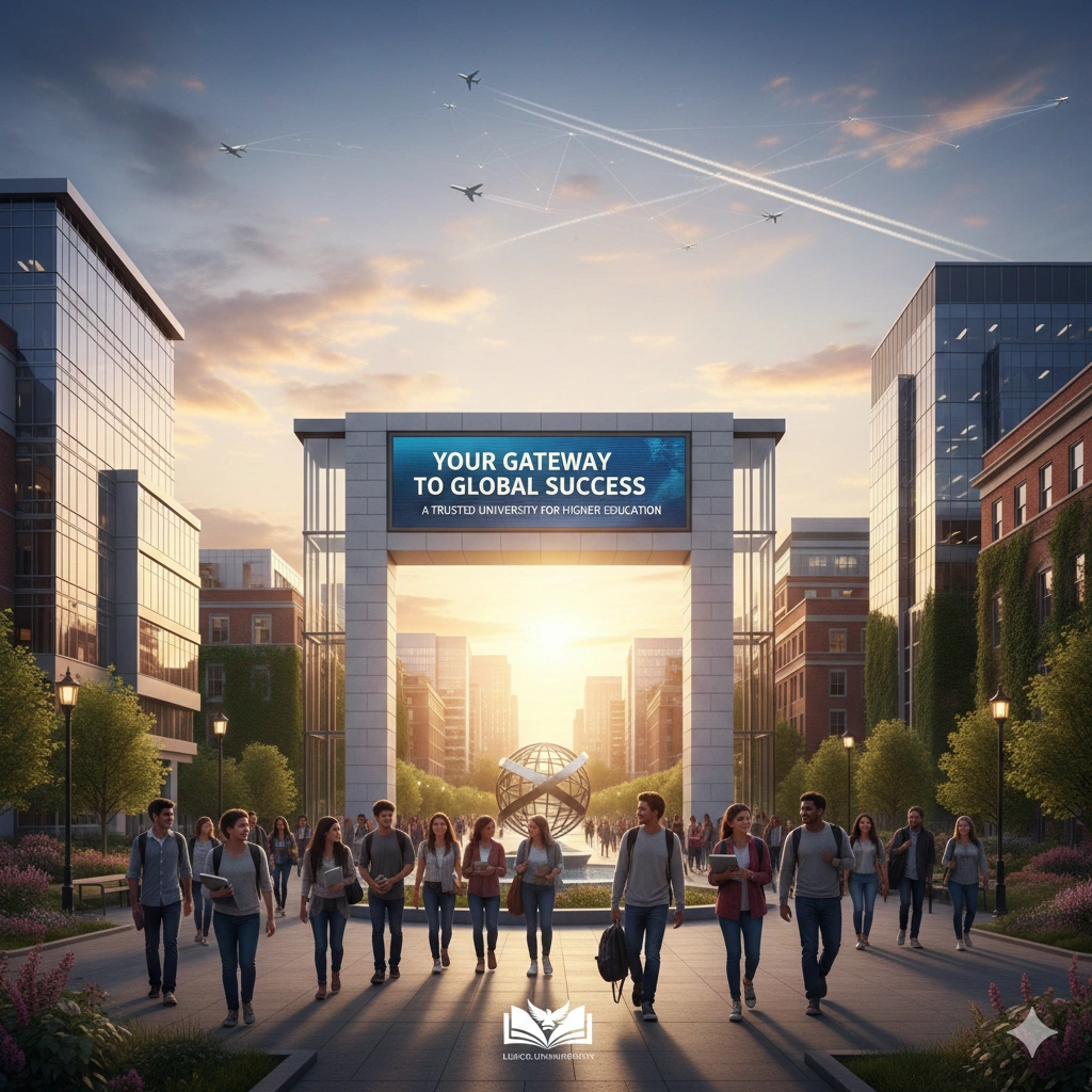 Students walking through a modern university campus entrance symbolizing global education, international opportunities, and academic success.