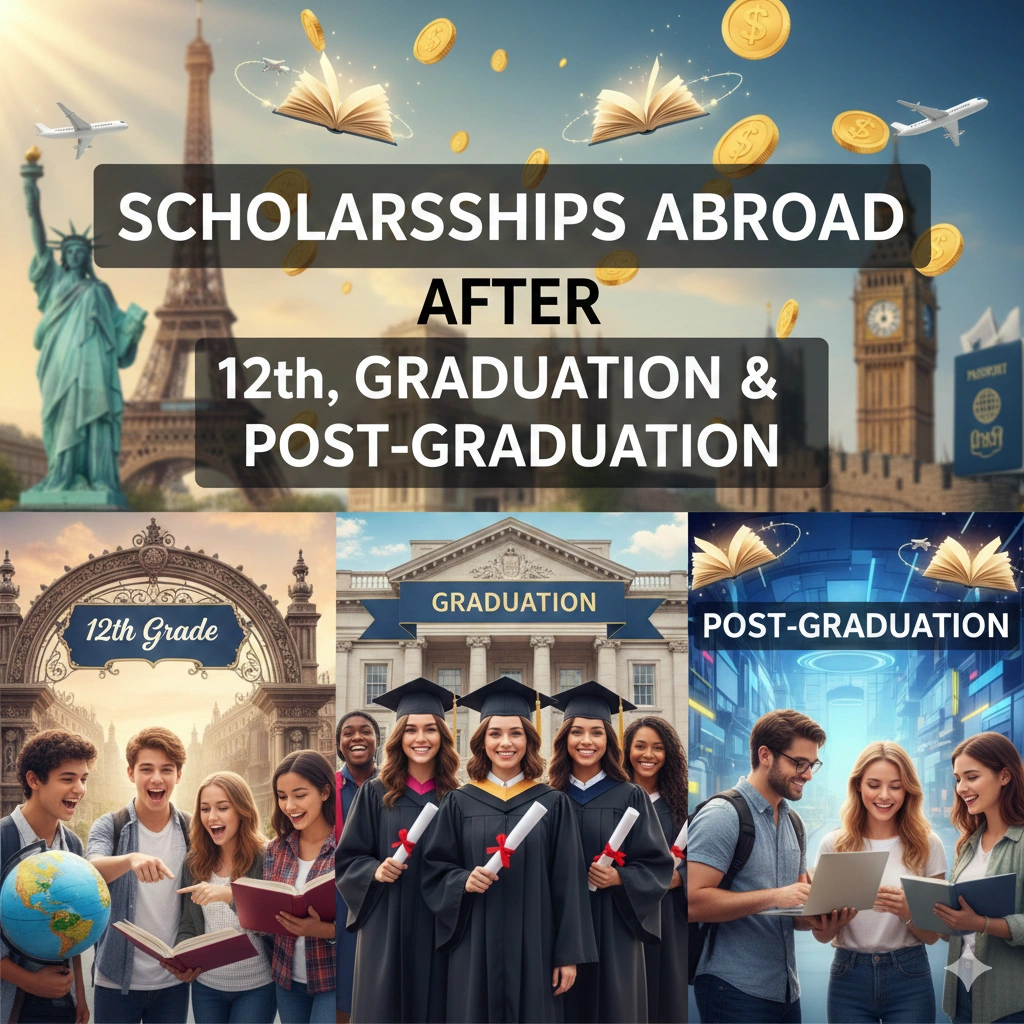 Scholarships abroad after 12th, graduation and post-graduation showing international landmarks, students studying, and graduates holding degrees with study abroad theme.