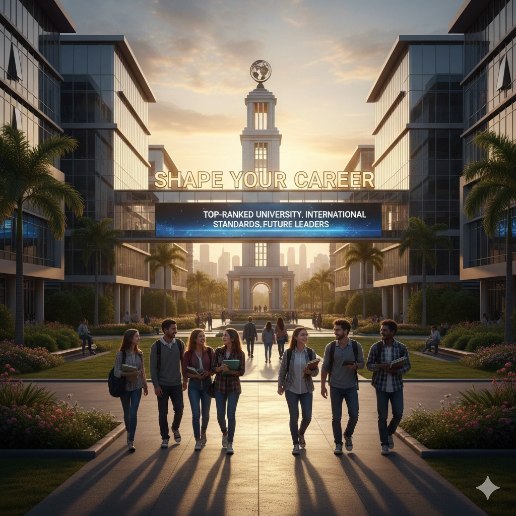 Students walking through a modern university campus with the message “Shape Your Career” displayed between academic buildings at sunset.