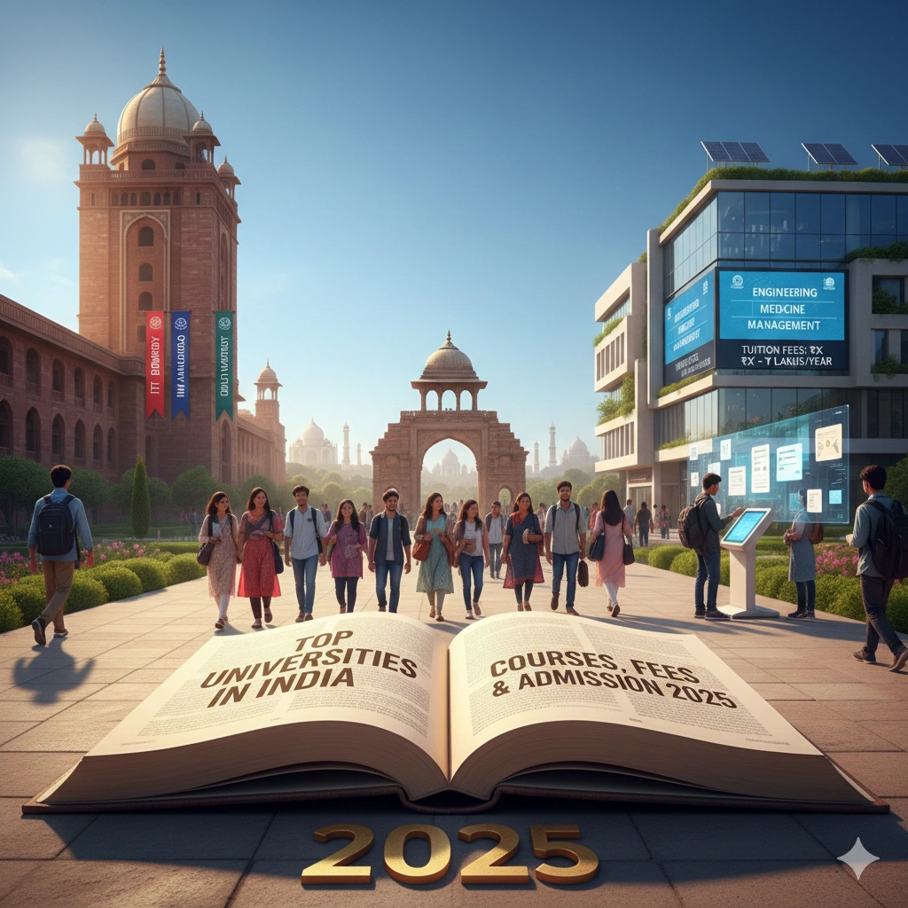 Top universities in India 2025 campus illustration showing students, academic buildings, and a book highlighting courses, fees, and admission details