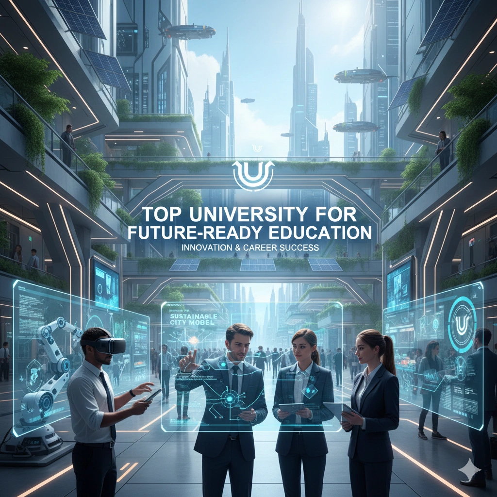 Students and professionals using advanced digital technology at a top university for future-ready education in a smart city campus.