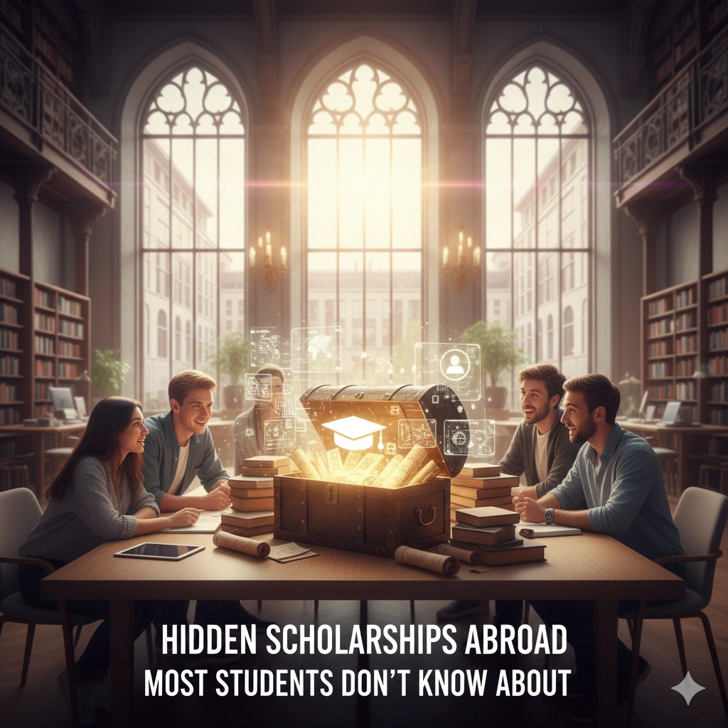 Students discovering hidden scholarships abroad through a glowing treasure chest in a historic university library