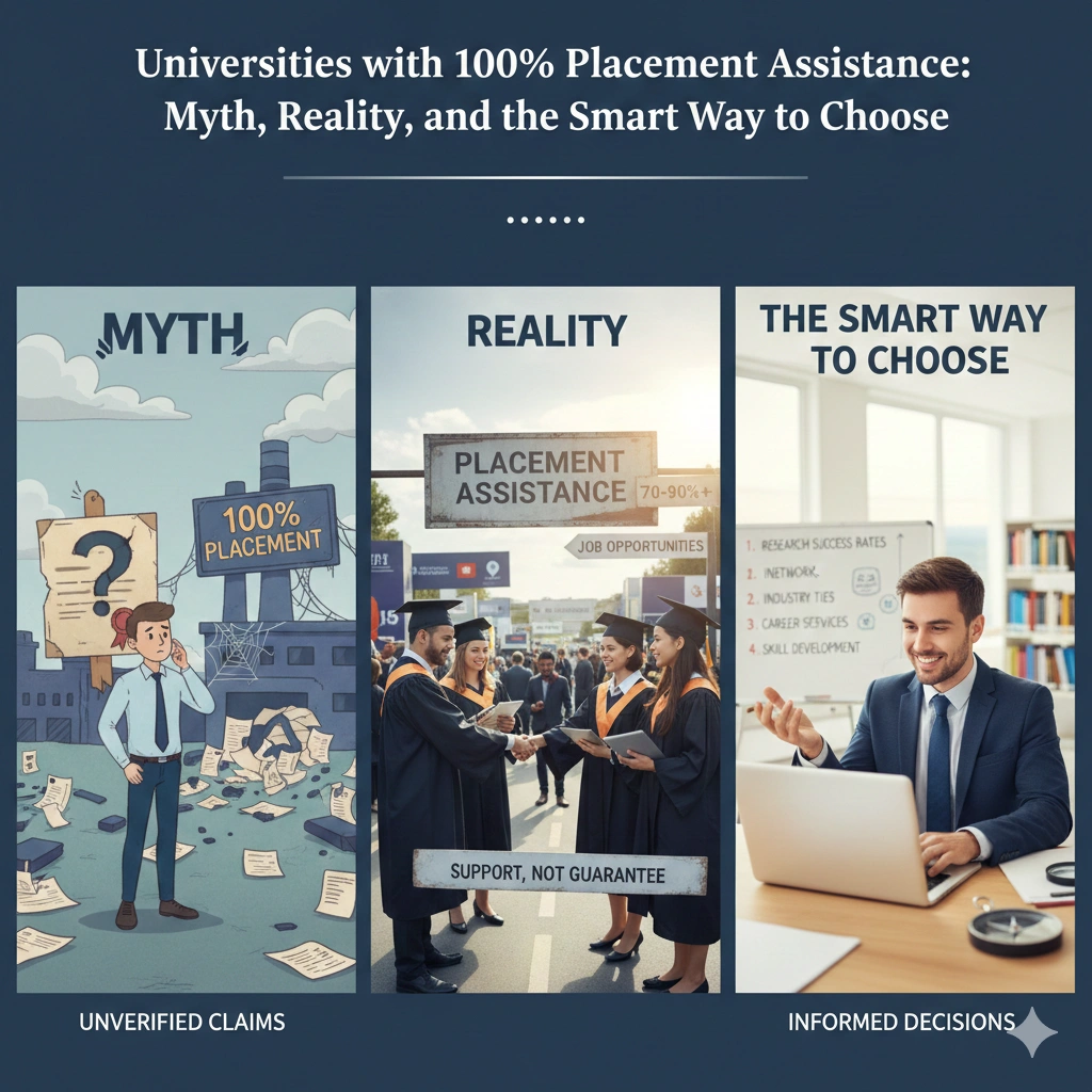 Universities with 100% placement assistance illustrated through three panels showing the myth of guaranteed jobs, the reality of placement support, and the smart way to choose universities through informed career decisions.
