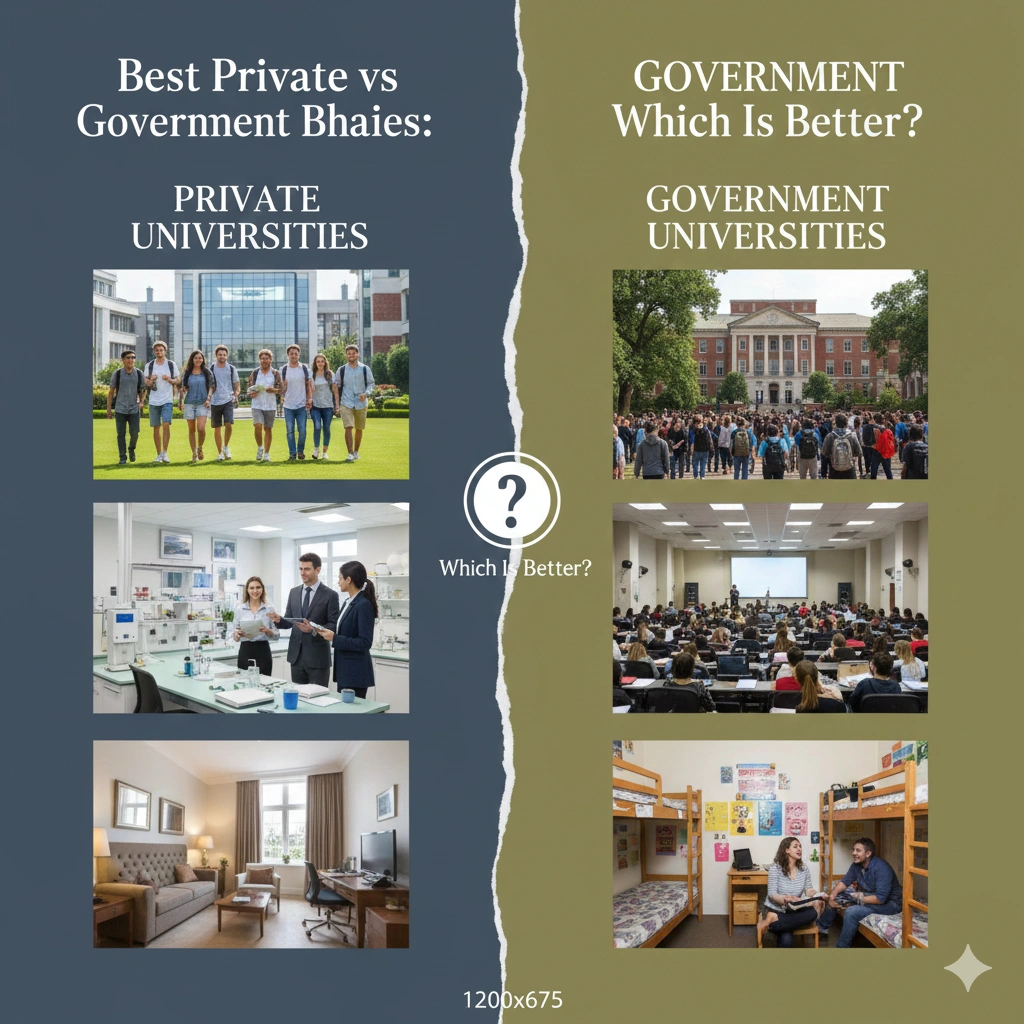 Comparison graphic showing private universities versus government universities, highlighting differences in campus life, classrooms, laboratories, and student accommodations, with the question “Which is better?” in the center.