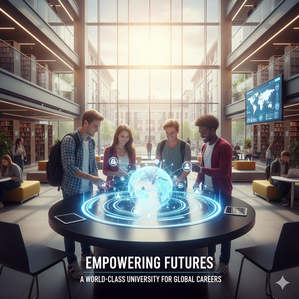 University students collaborating around a futuristic digital table with a holographic globe inside a modern library