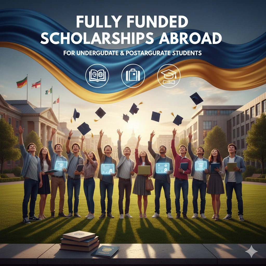 Group of international students celebrating graduation on a university campus with the text “Fully Funded Scholarships Abroad for Undergraduate & Postgraduate Students,” symbolizing global education opportunities.