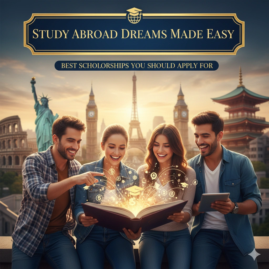 Study abroad students celebrating scholarship success with international university background and graduation caps