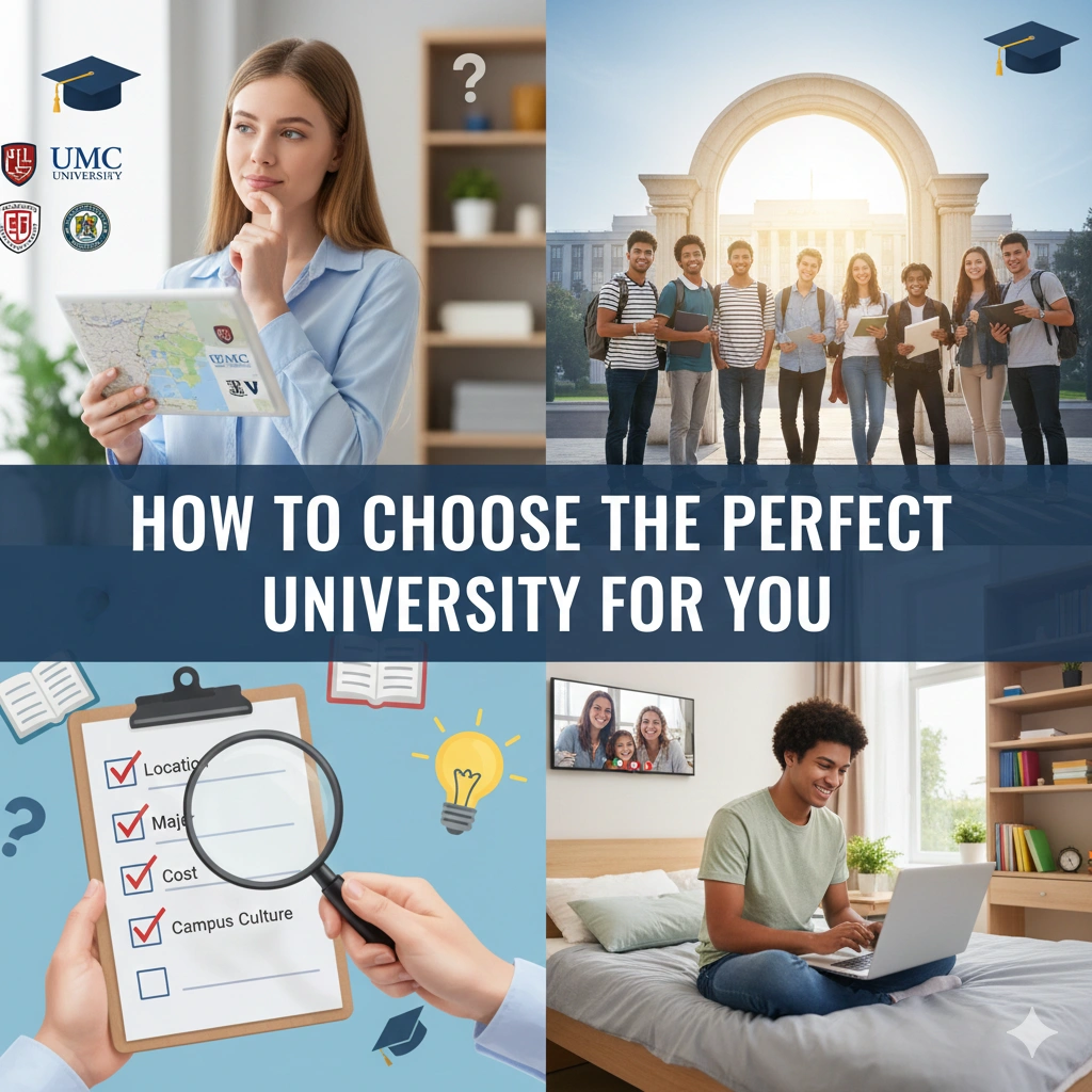 Student comparing universities using a checklist while other students study on campus and online, representing how to choose the perfect university for personal and career goals.