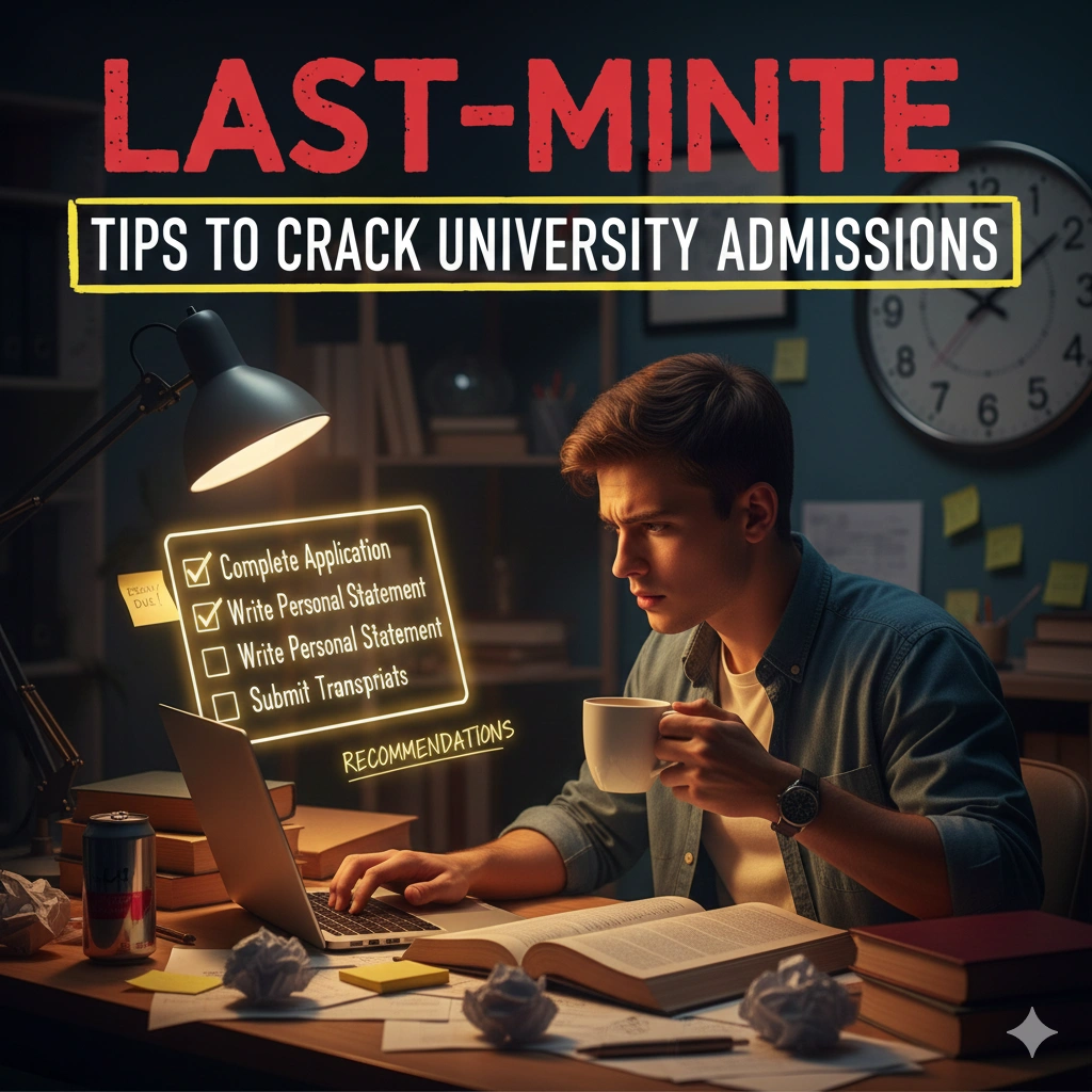 Student working late at night on a laptop with a checklist showing last-minute tips to crack university admissions, including applications, personal statements, and transcripts.