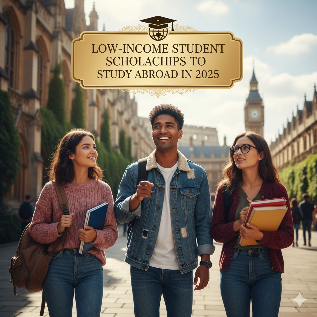 Low-income international students walking on a university campus in Europe, holding books and smiling, representing fully funded study abroad scholarships for 2025.