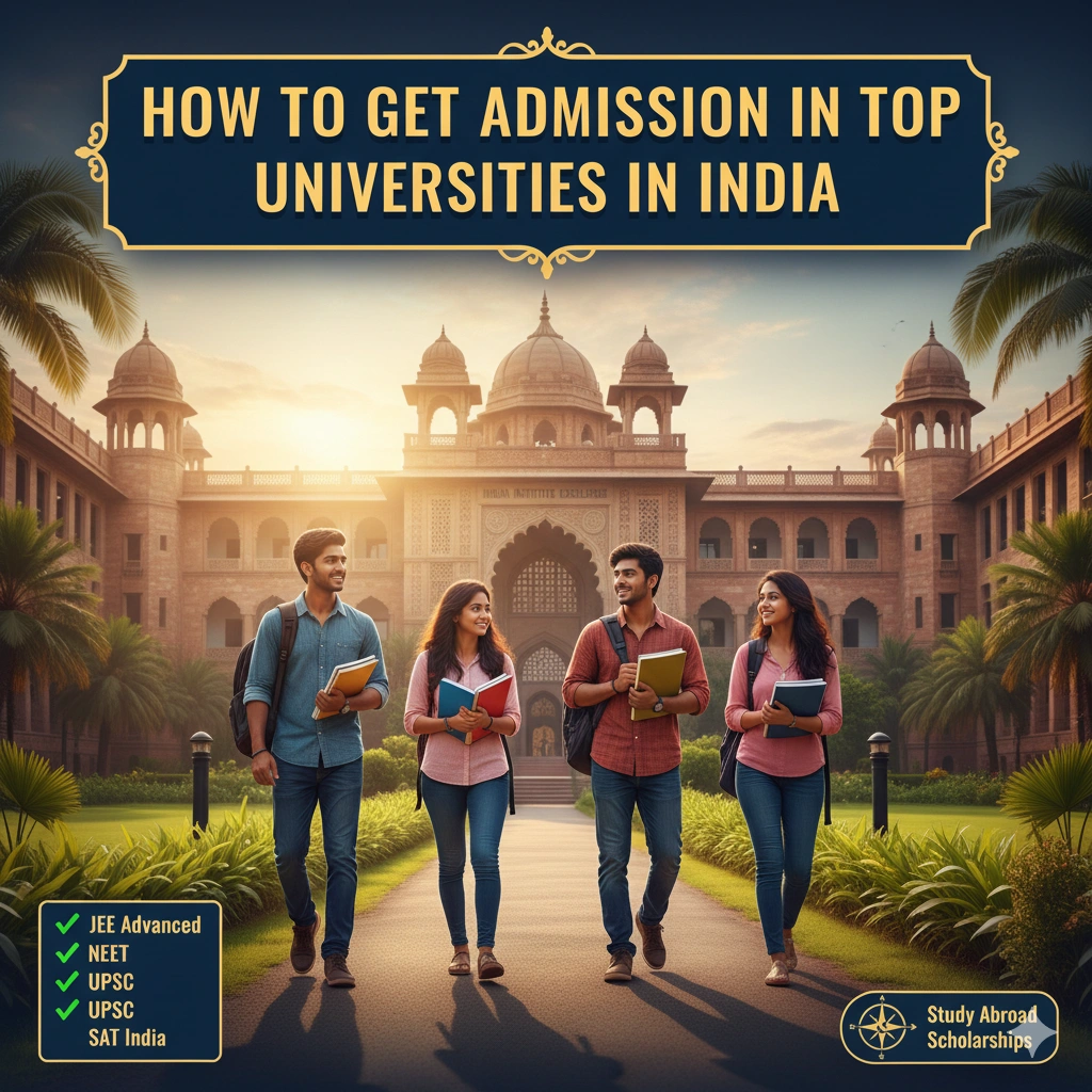 Indian students walking on a university campus with books, highlighting how to get admission in top universities in India through exams like JEE Advanced, NEET, UPSC, and SAT India.