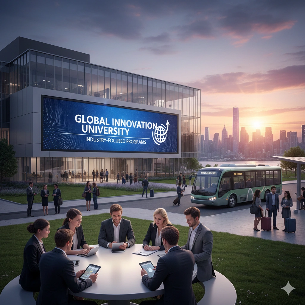 Students and professionals collaborating outside a global innovation university campus with industry-focused programs and a modern city skyline.