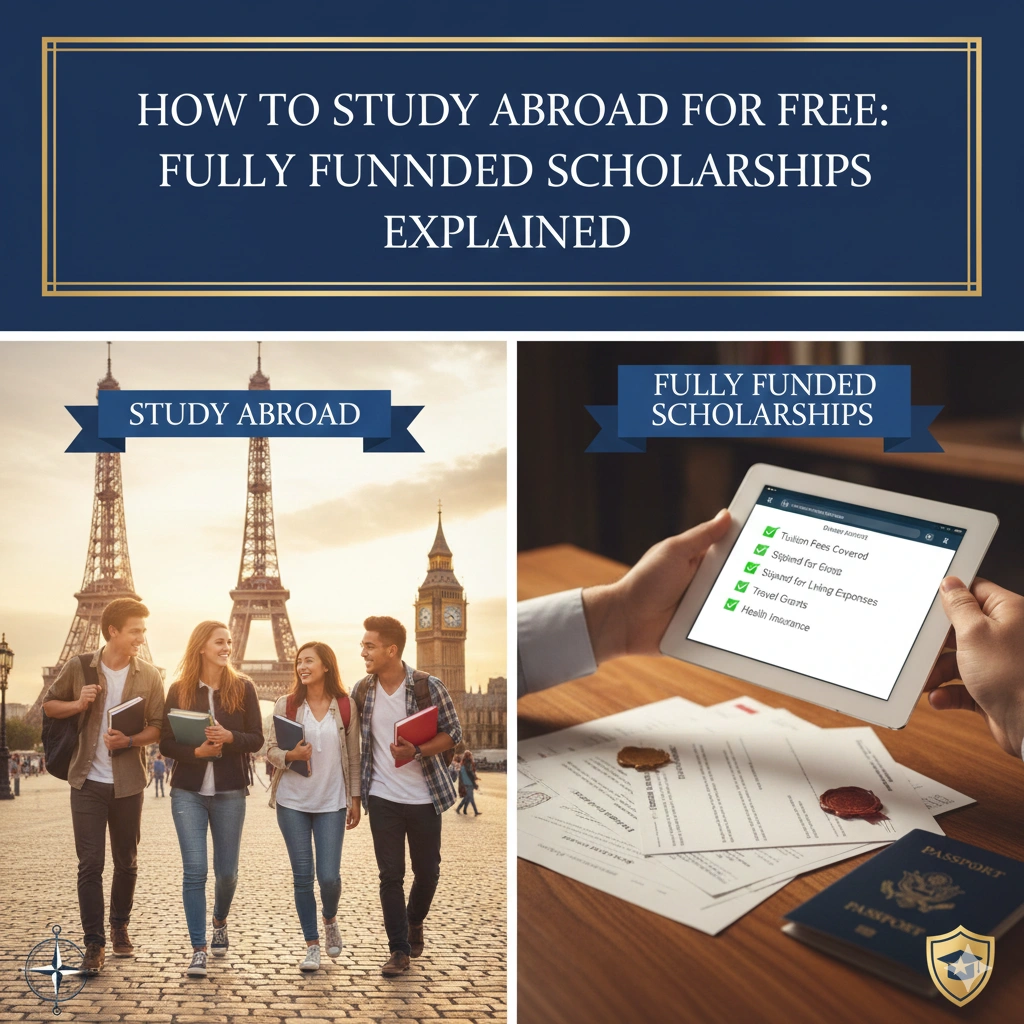 Students walking near famous landmarks with books, alongside a tablet showing fully funded scholarship benefits for studying abroad.