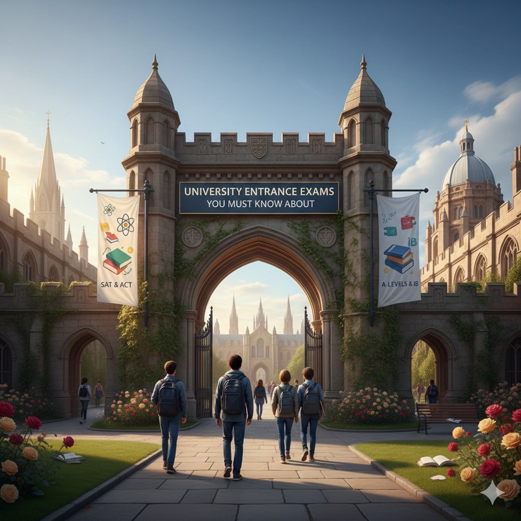Students walking through a historic university entrance gate with banners highlighting important university entrance exams like SAT, ACT, A-Levels, and IB.