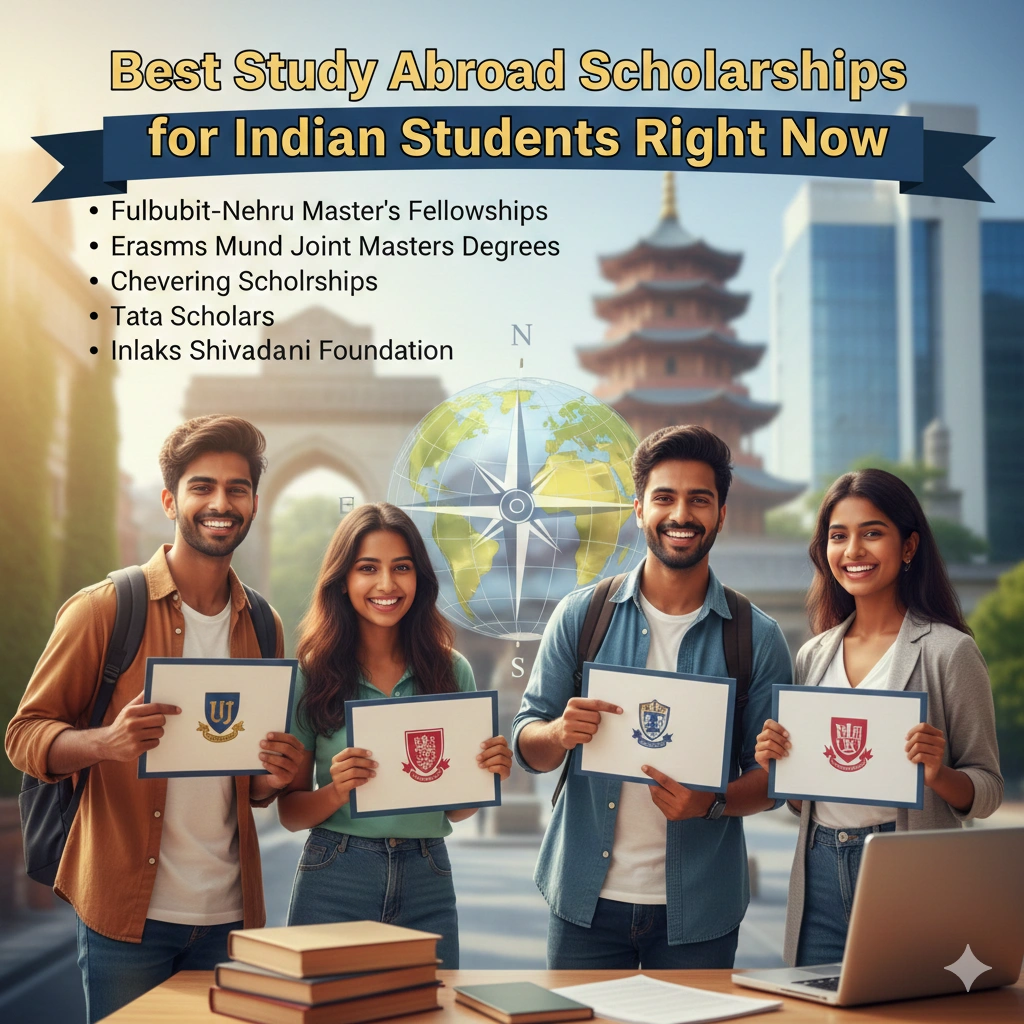 Indian students reviewing and celebrating selection for the best study abroad scholarships available right now.