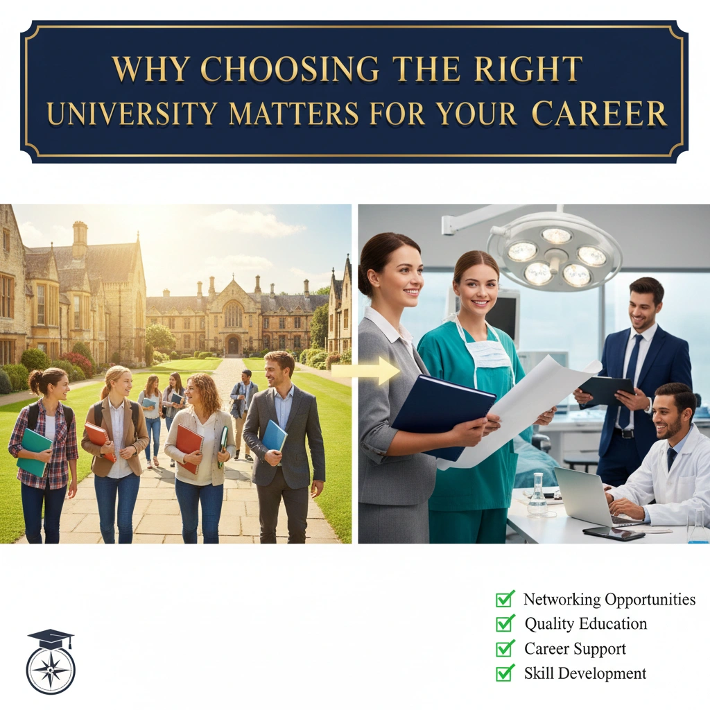 Students walking on a university campus and professionals in a workplace, showing why choosing the right university matters for career growth, skills, and networking.