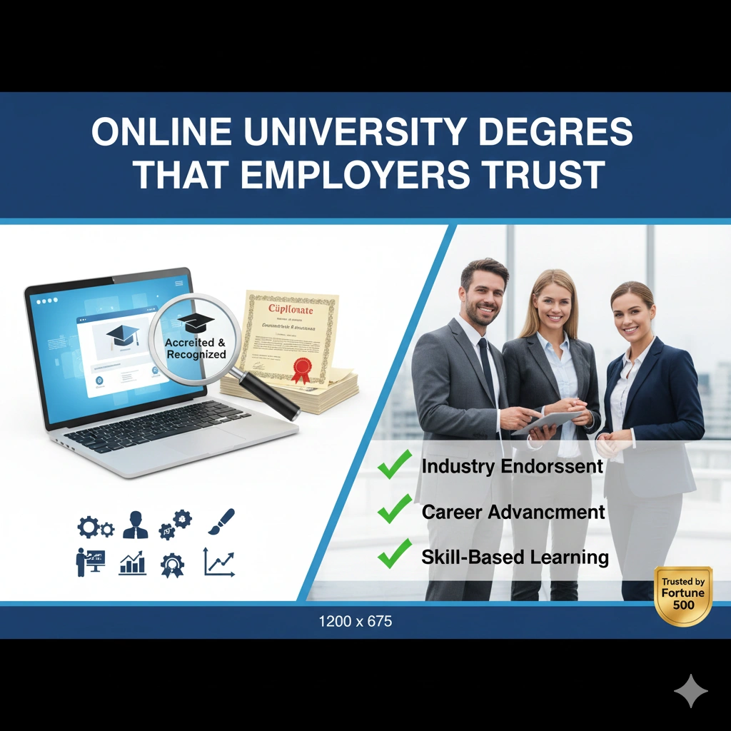 Online university degrees that employers trust, featuring accredited online MBA, BBA, MCA, and skill-based programs accepted by companies worldwide