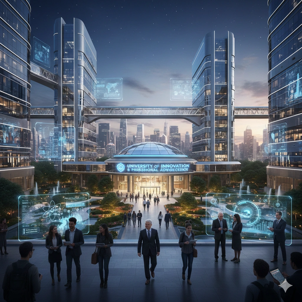 Futuristic university campus showcasing innovation, advanced technology, research excellence, and global professional education.