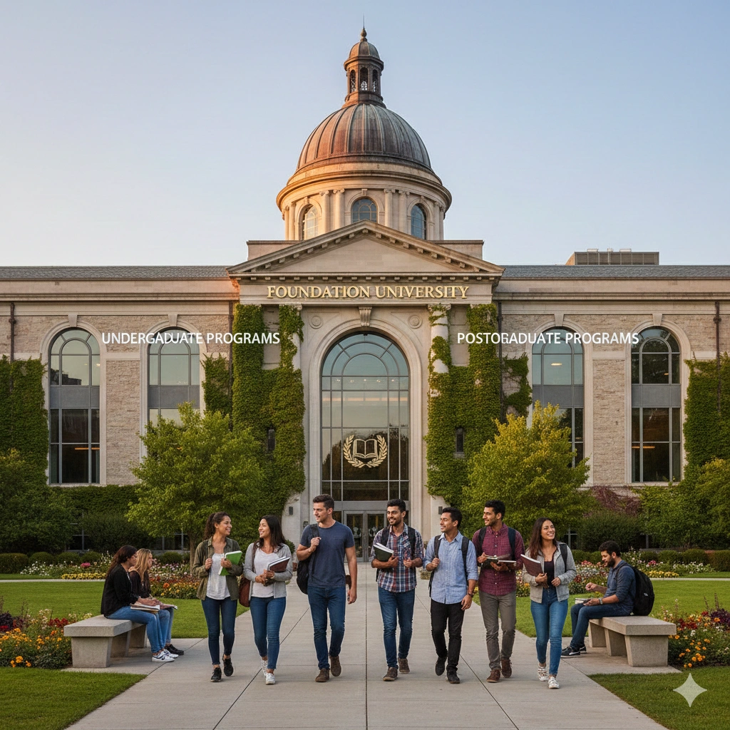Students studying and collaborating on campus at a leading university offering undergraduate and postgraduate programs, with modern classrooms and research facilities.
