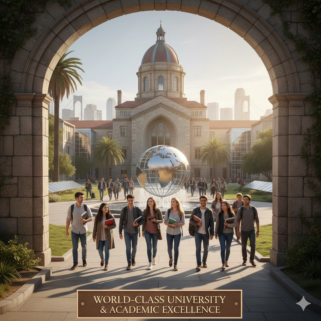 International students walking through a world-class university campus symbolizing global education and academic excellence.
