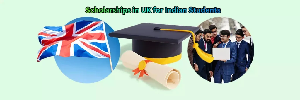 Indian students celebrating scholarship success at a UK university campus, holding certificates with British flags in the background.