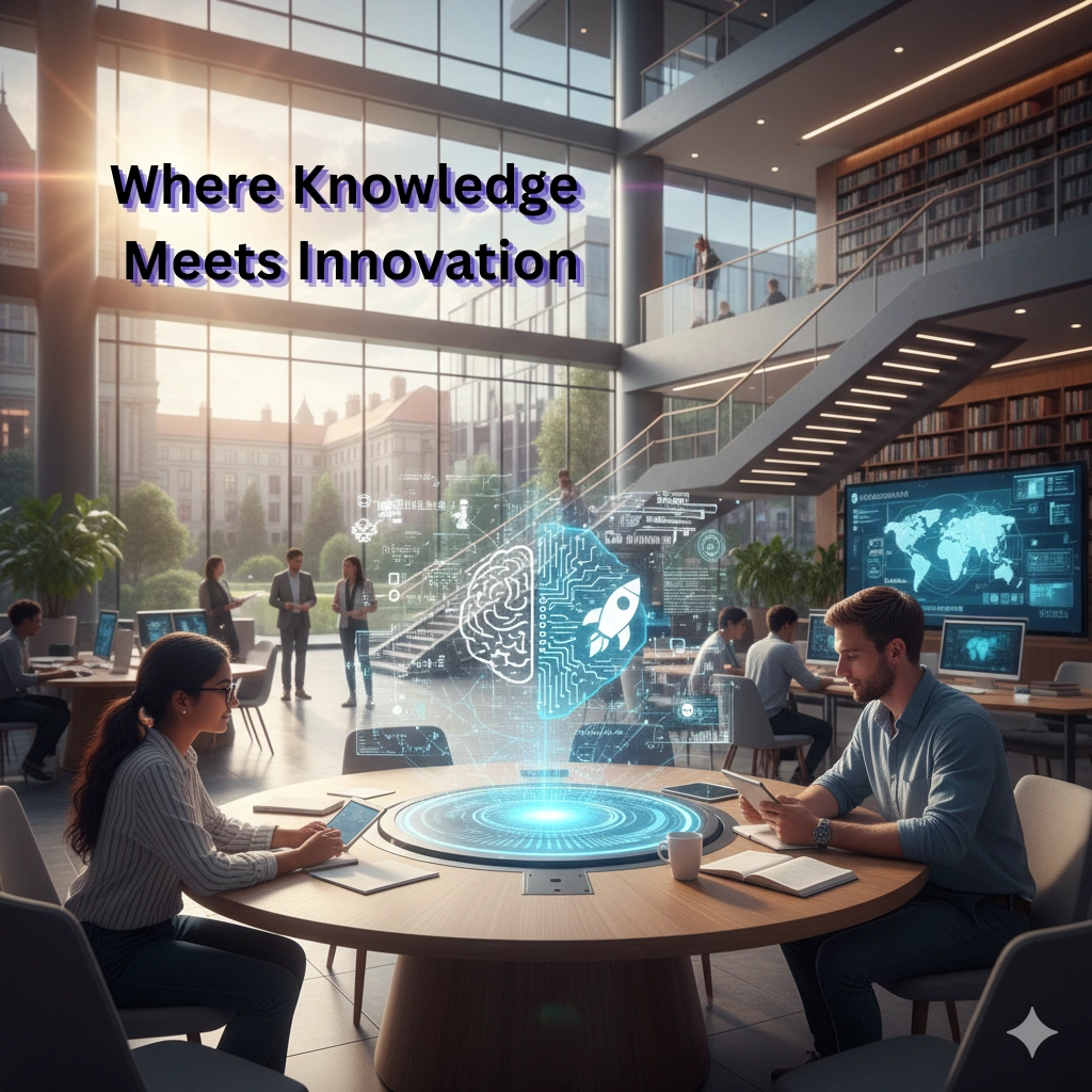 Students and professionals collaborating in a modern digital library with an AI hologram symbolizing innovation and knowledge